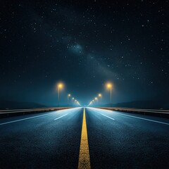 Lonely road illuminated by streetlights under a starry night sky.