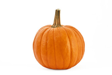 Orange pumpkin with a green stem, isolated on a white background.