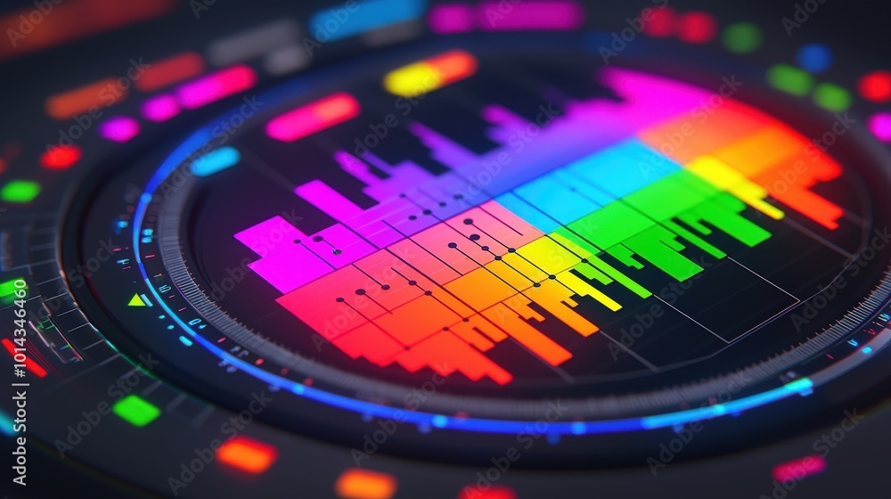 Poster abstract circular equalizer with colorful sound waves and glowing lights