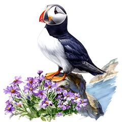 Naklejka premium Watercolor Painting of a Puffin on a Cliffside with Purple Flowers.