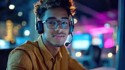 Obraz premium Wearing a headset and working at a computer, young man working in customer service, Generative Ai
