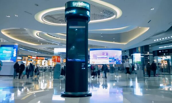 Mall interior with digital vertical screens to enhance shopping experience