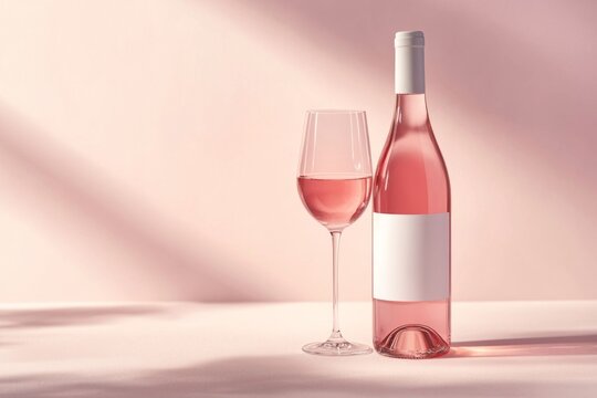 aesthetic photo of wine bottle with blank white lable mockup and glass of rose wine on light pink background 