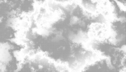 Monochrome halftone dots background. Overlay png illustration. Abstract grunge dots on transparent background. Retro clouds