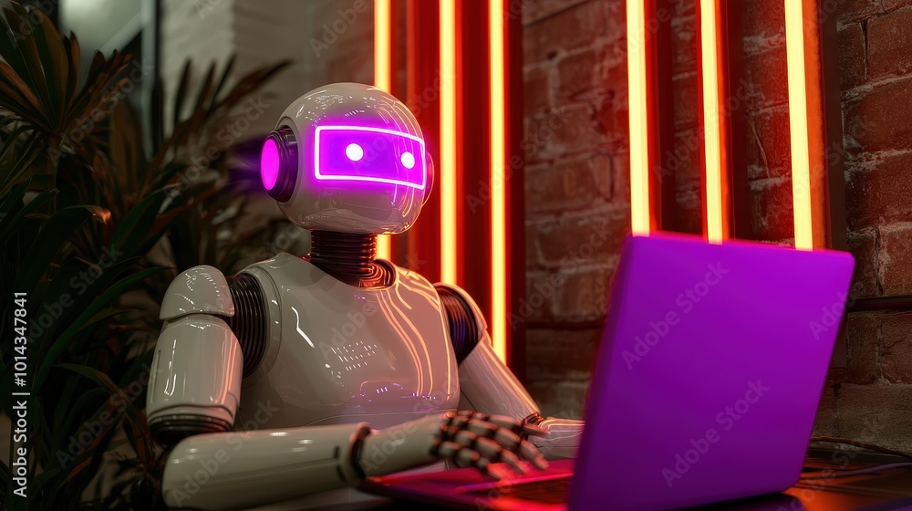 Poster friendly ai robot using laptop in futuristic setting with neon lights