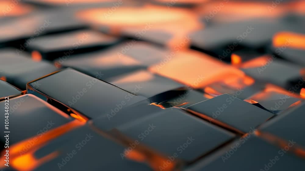 Poster a detailed view of a shiny metallic grid with reflective tiles, showcasing warm light reflections in