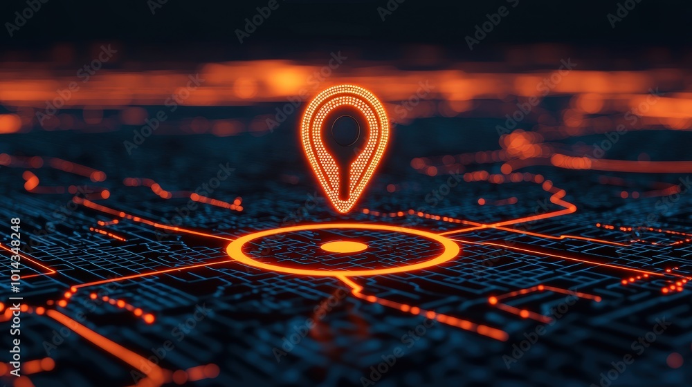 Poster digital gps location pin on circuit board with glowing lines