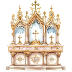 Fototapeta premium Watercolor Illustration of a Gothic Altar with Ornate Details and Golden Crosses.