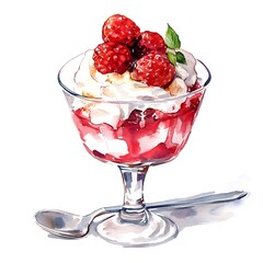 Watercolor Illustration of a Dessert with Whipped Cream, Raspberries and Sauce in a Glass.