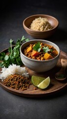 Chicken curry with chickpeas and potatoes, served with puffed rice and lime garnish