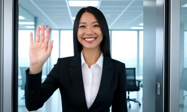 a woman wearing a suit waves at the camera while standing in front of an office door