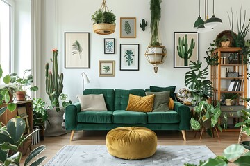 Interior of modern living room with green sofa and mock up poster frame