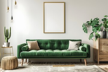 Interior of modern living room with green sofa and mock up poster frame