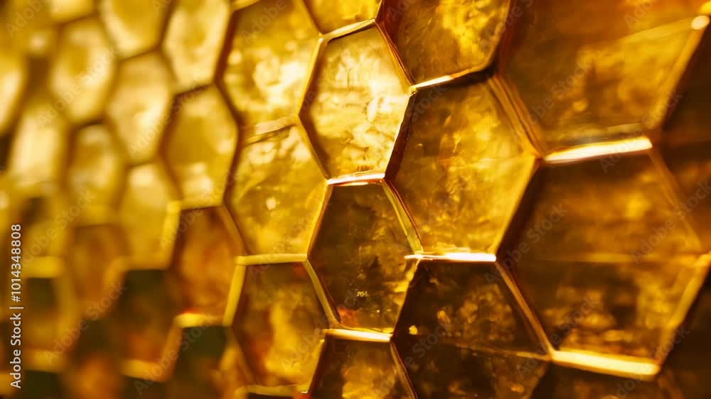 Poster close-up of a hexagonal golden pattern with a focus on geometric shapes and reflective golden surfac
