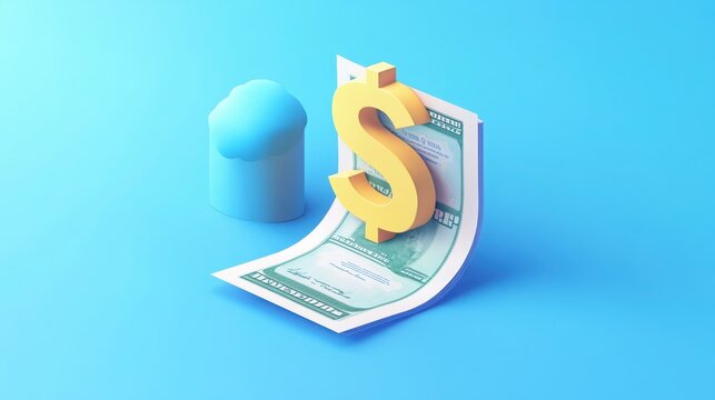 3D illustration of a receipt bill with a large dollar sign, symbolizing mobile banking's ease and the fluidity of online financial transactions