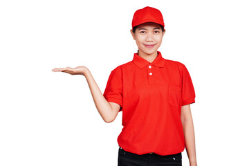 Smiling asian delivery courier woman showing presenting hand sign gesture isolated transparent