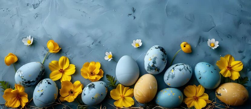 Happy Easter banner with egg and bunny design.