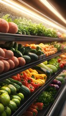 Colorful assortment of fresh vegetables and fruits in a grocery store display.
