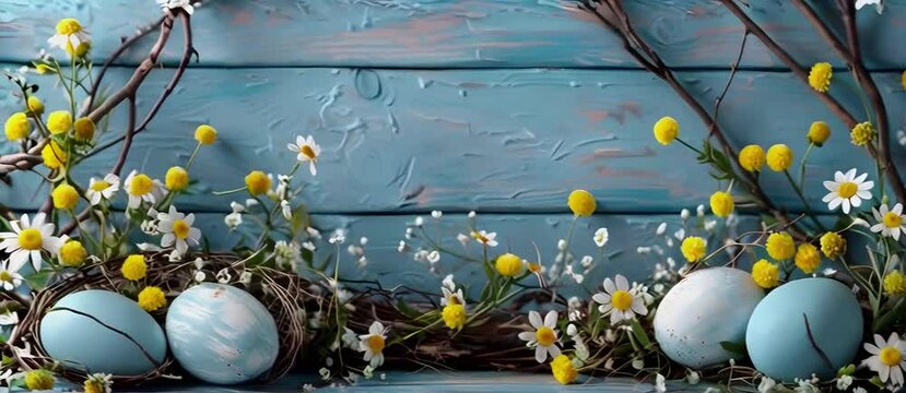 Happy Easter banner with egg and bunny design.