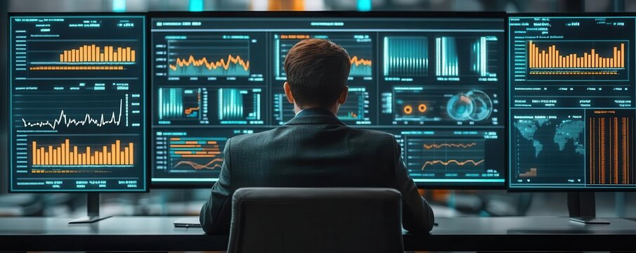 Business analyst reviewing futuristic data dashboard, analyzing financial trends in a modern corporate setting, business analysis, datadriven decisions