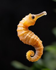 Seahorse with a spiral tail on a dark background, showcasing its unique features.