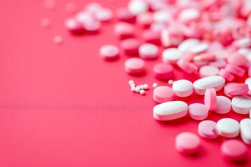 White pills on a pink background with copy space. Focus on foreground,