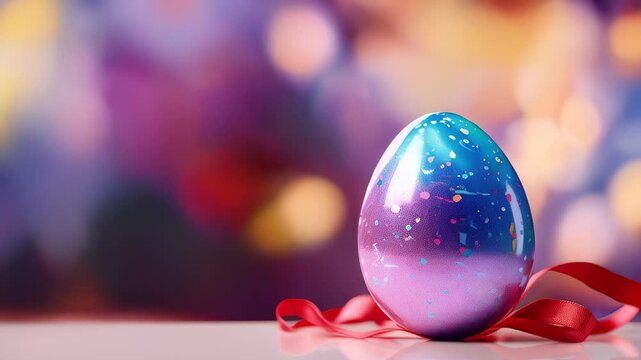 A beautifully decorated Easter egg with a pink ribbon against a shimmering, bokeh-lit backdrop.