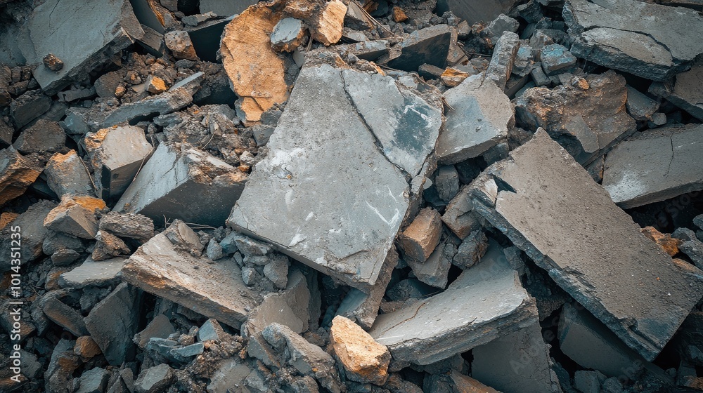 Poster broken slabs of concrete and stone fragments in a pile, capturing the rough textures of the construc