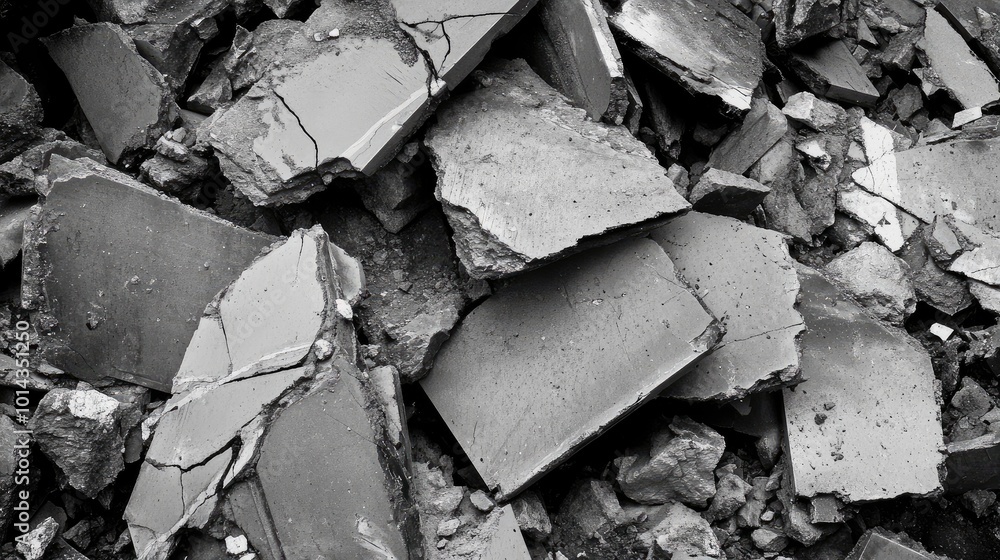 Poster broken slabs of concrete and stone fragments in a pile, capturing the rough textures of the construc