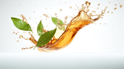 Refreshing tea splash with green leaves and water droplets.