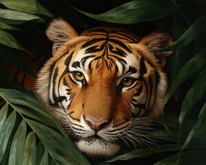 A majestic tiger gazes through lush green foliage.