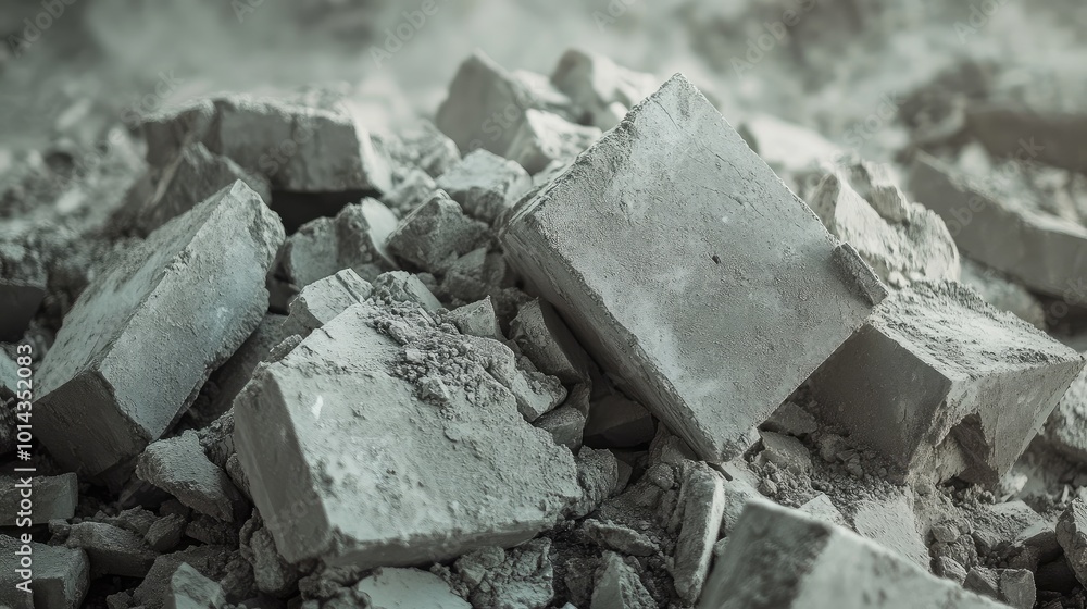 Aufkleber pile of rubble from broken concrete blocks, captured in a close-up, focusing on the sharp angles and