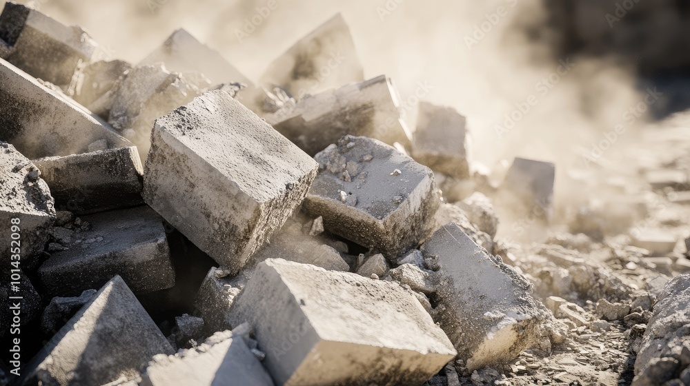 Poster pile of rubble from broken concrete blocks, captured in a close-up, focusing on the sharp angles and