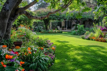 Lush Green Garden with Colorful Flowers and Old Tree, Peaceful Outdoor Seating Area