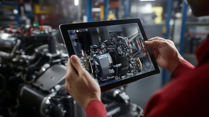 Technician Using Augmented Reality Diagnostics Software on Tablet to Inspect Engine Bay for Broken Components, Enhancing Vehicle Maintenance and Repair Efficiency