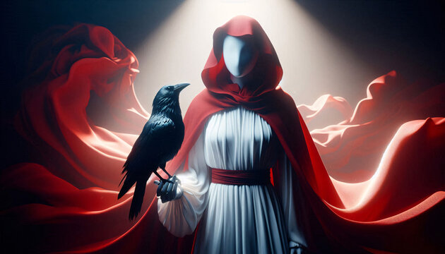 white humanoid in red cloath with a crow