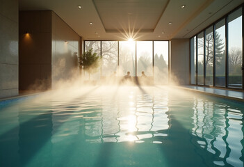 Luxurious heated pool at hotel with steam rising from water