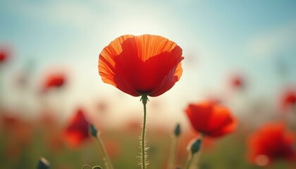 Bright Orange Poppy Flower in a Field Surrounded by Red Flowers Under a Blue Sky