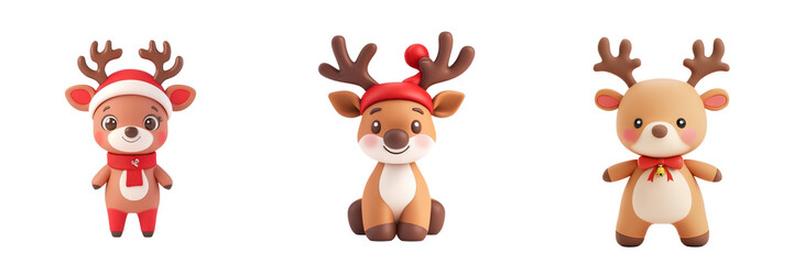 Fototapeta premium Cute cartoon reindeer characters dressed for the holidays, an isolated on transparent background.
