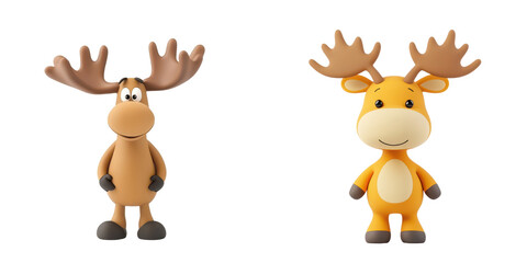 Naklejka premium Two cartoon moose characters with exaggerated features, one brown and one orange, set against an isolated on transparent background.