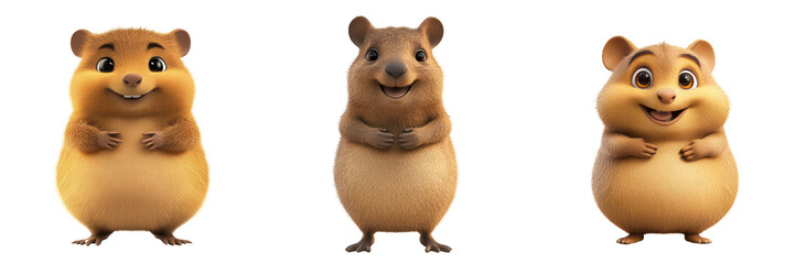 Fototapeta premium Three animated hamsters with cheerful expressions, standing side by side against an isolated on transparent background, exuding a playful and friendly vibe.