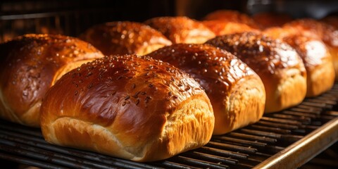Freshly Baked Loaves of Bread Cooling on a Wire Rack After Baking in an Oven