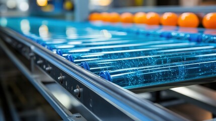 A close-up view of a conveyor belt system with clear blue rollers, showcasing the intricate design and smooth movement of modern industrial machinery.