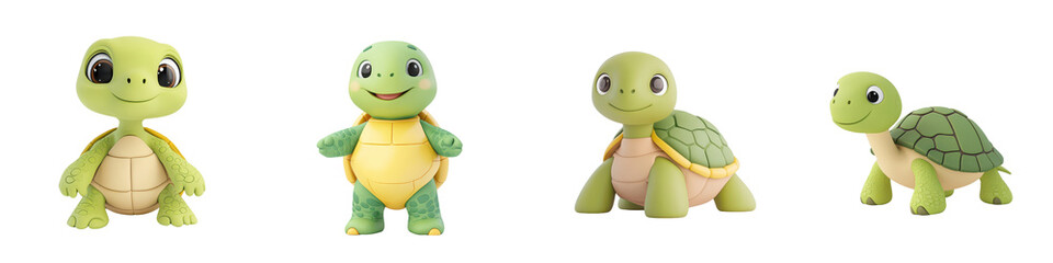 Obraz premium A collection of adorable turtle plush toys displayed in various poses, showcasing their cheerful designs and vibrant green colors against an isolated on transparent background.