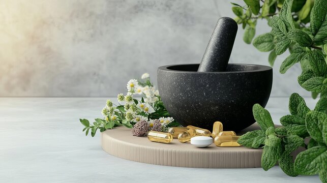 Traditional herbal medicine display with mortar, pestle, and wild herbs, herbal healing, pure natural remedies, 3D illustration