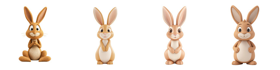 Obraz premium Four cute cartoon rabbits displayed in different poses, showcasing their playful and adorable expressions against an isolated on transparent background.