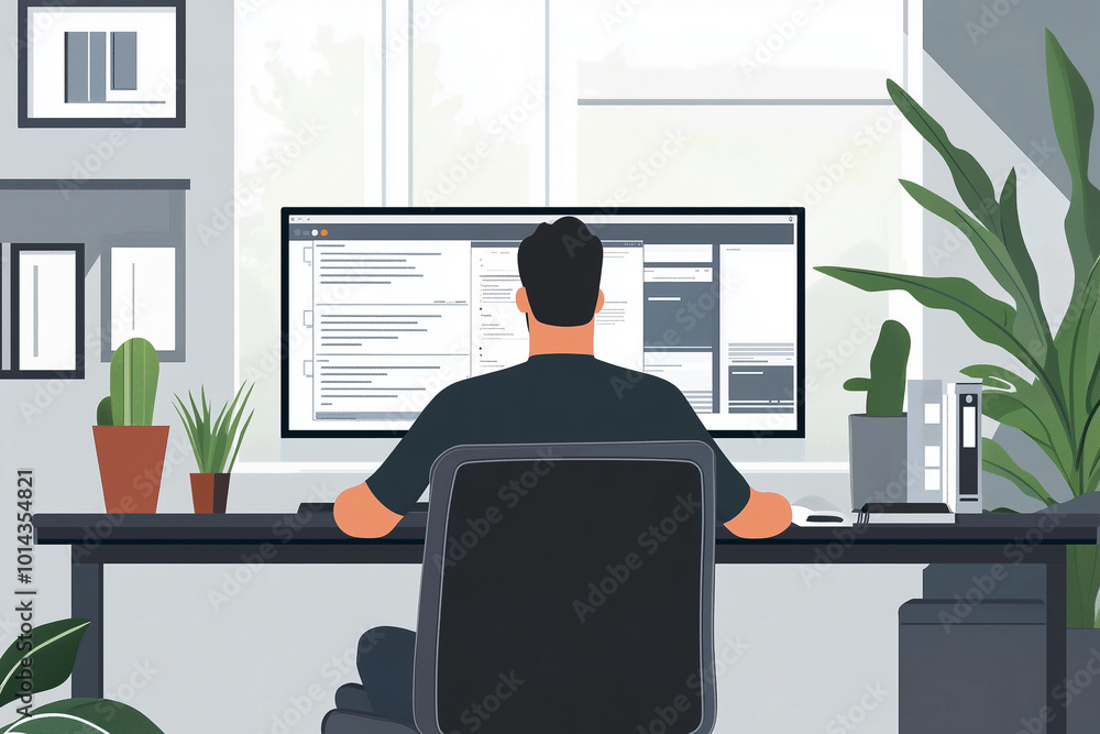 Poster man is sitting at a desk with a computer monitor in front of him. the desk is cluttered with papers 