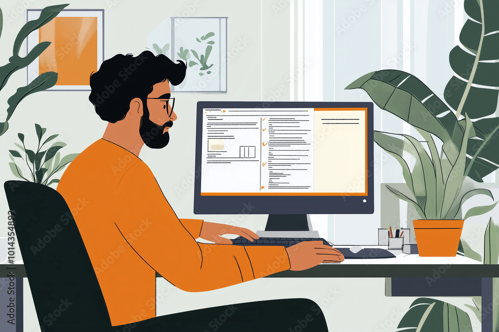 Poster man is sitting at a desk with a computer monitor in front of him. he is typing on a keyboard and he 
