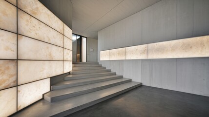 Obraz premium Modern Interior Design: Illuminated Onyx Wall and Concrete Stairs