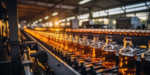 Naklejka premium A conveyor belt carries rows of amber-colored bottles through a factory, bathed in warm, golden light.